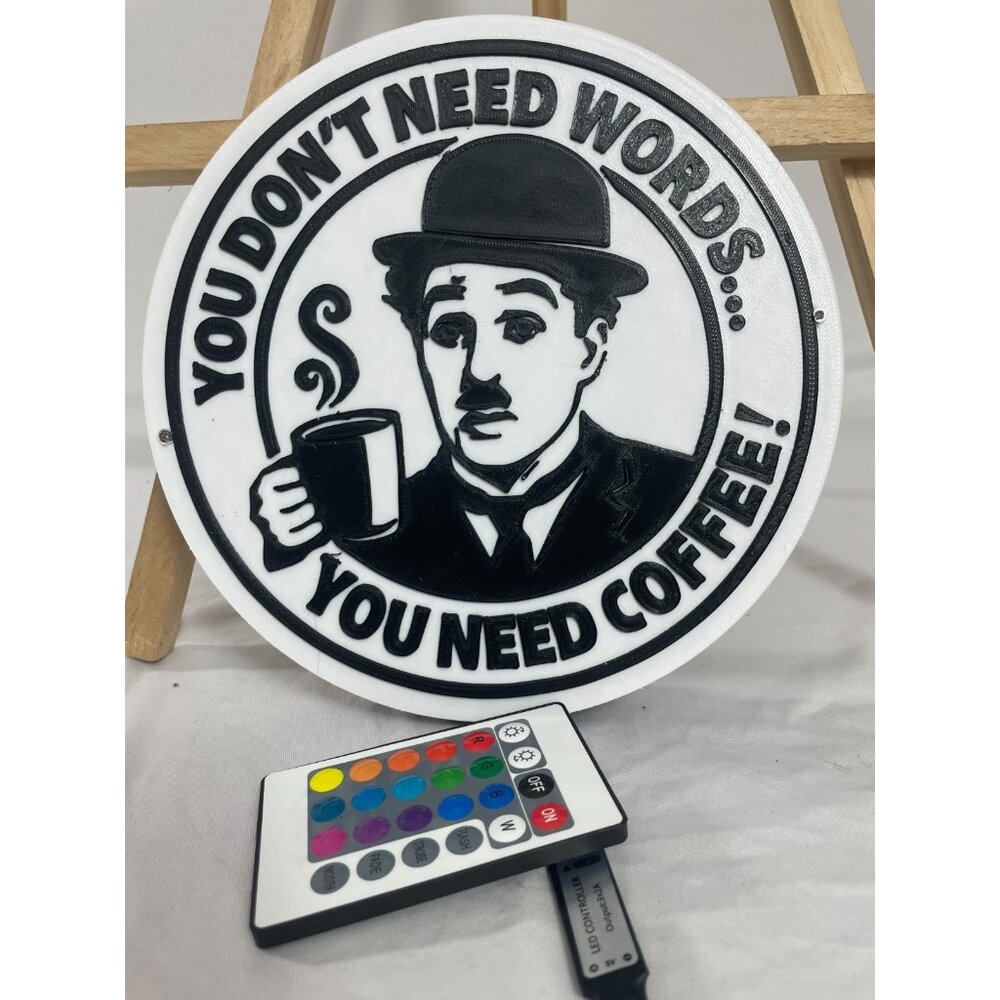 Charlie Chaplin 3D Printed LED Wall Lamp YOU DONT NEED WORDS YOU NEED COFFEE